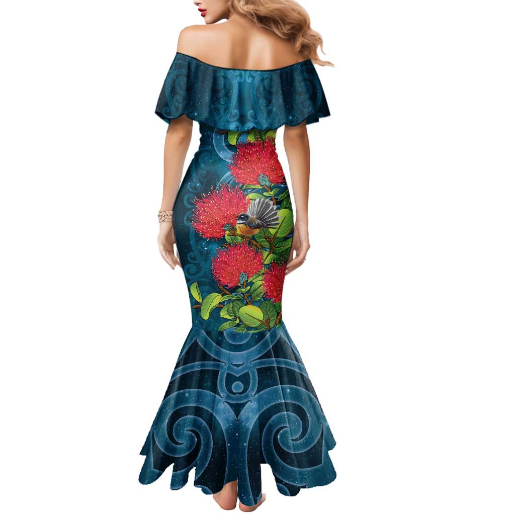 New Zealand Matariki Piwakawaka Mermaid Dress Maori Koru With Pohutukawa Flowers