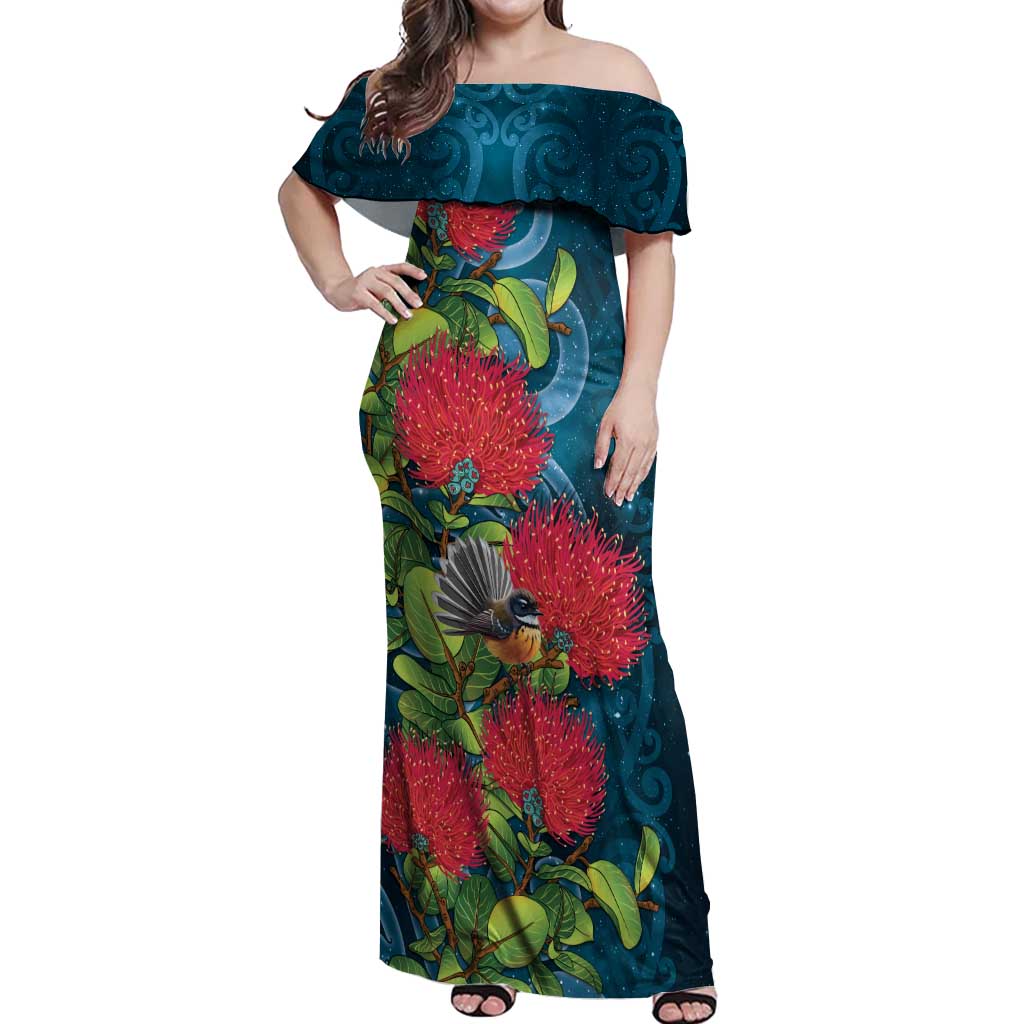 New Zealand Matariki Piwakawaka Off Shoulder Maxi Dress Maori Koru With Pohutukawa Flowers
