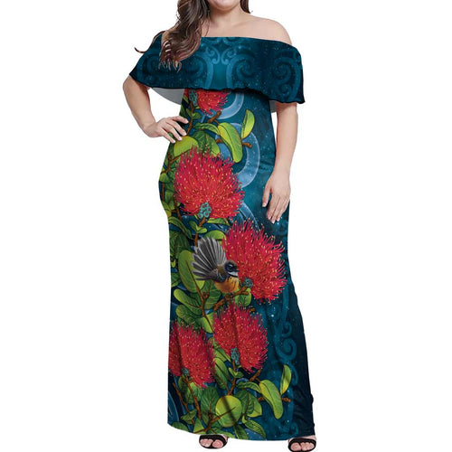 New Zealand Matariki Piwakawaka Off Shoulder Maxi Dress Maori Koru With Pohutukawa Flowers