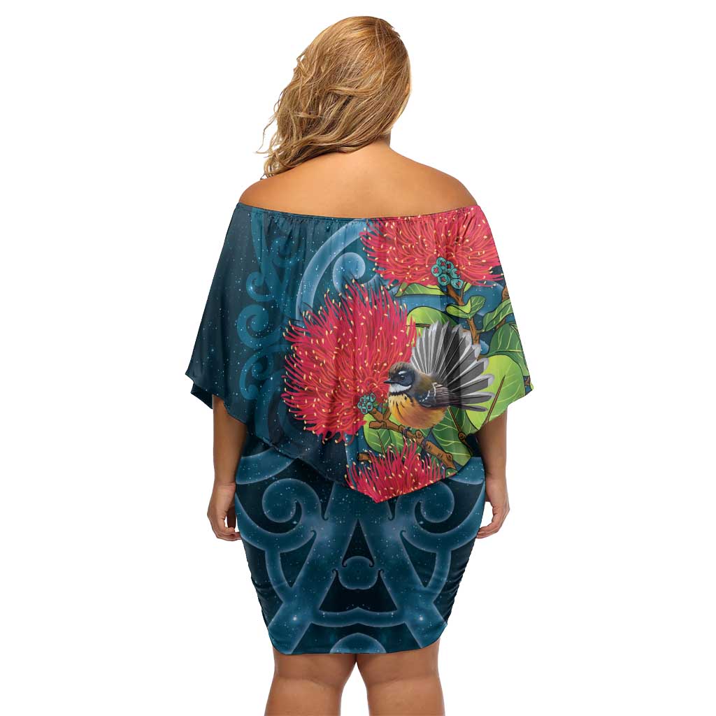 New Zealand Matariki Piwakawaka Off Shoulder Short Dress Maori Koru With Pohutukawa Flowers