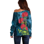 New Zealand Matariki Piwakawaka Off Shoulder Sweater Maori Koru With Pohutukawa Flowers