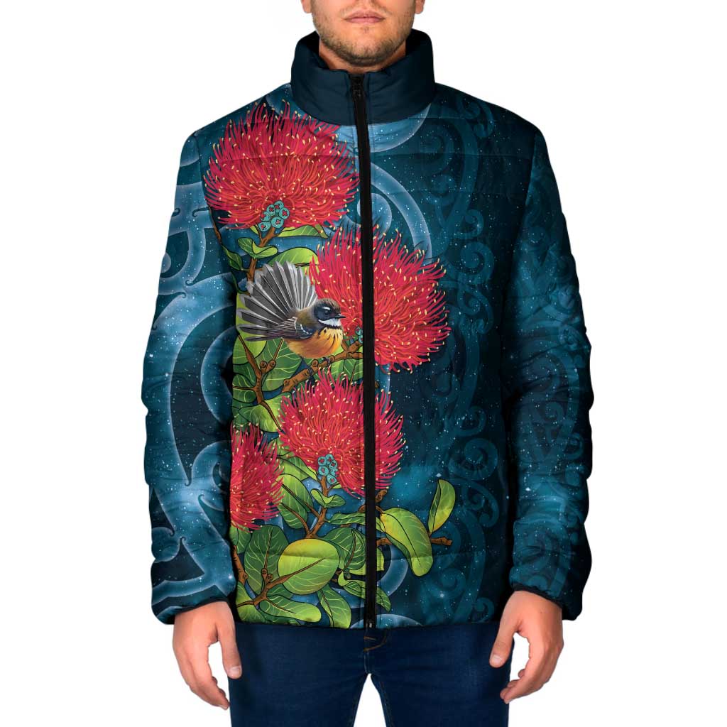 New Zealand Matariki Piwakawaka Padded Jacket Maori Koru With Pohutukawa Flowers