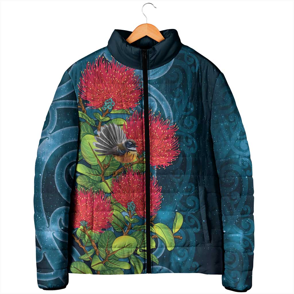 New Zealand Matariki Piwakawaka Padded Jacket Maori Koru With Pohutukawa Flowers