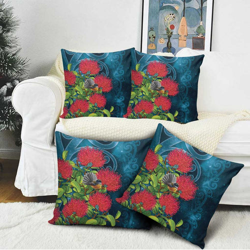 New Zealand Matariki Piwakawaka Pillow Cover Maori Koru With Pohutukawa Flowers