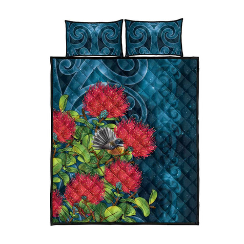 New Zealand Matariki Piwakawaka Quilt Bed Set Maori Koru With Pohutukawa Flowers