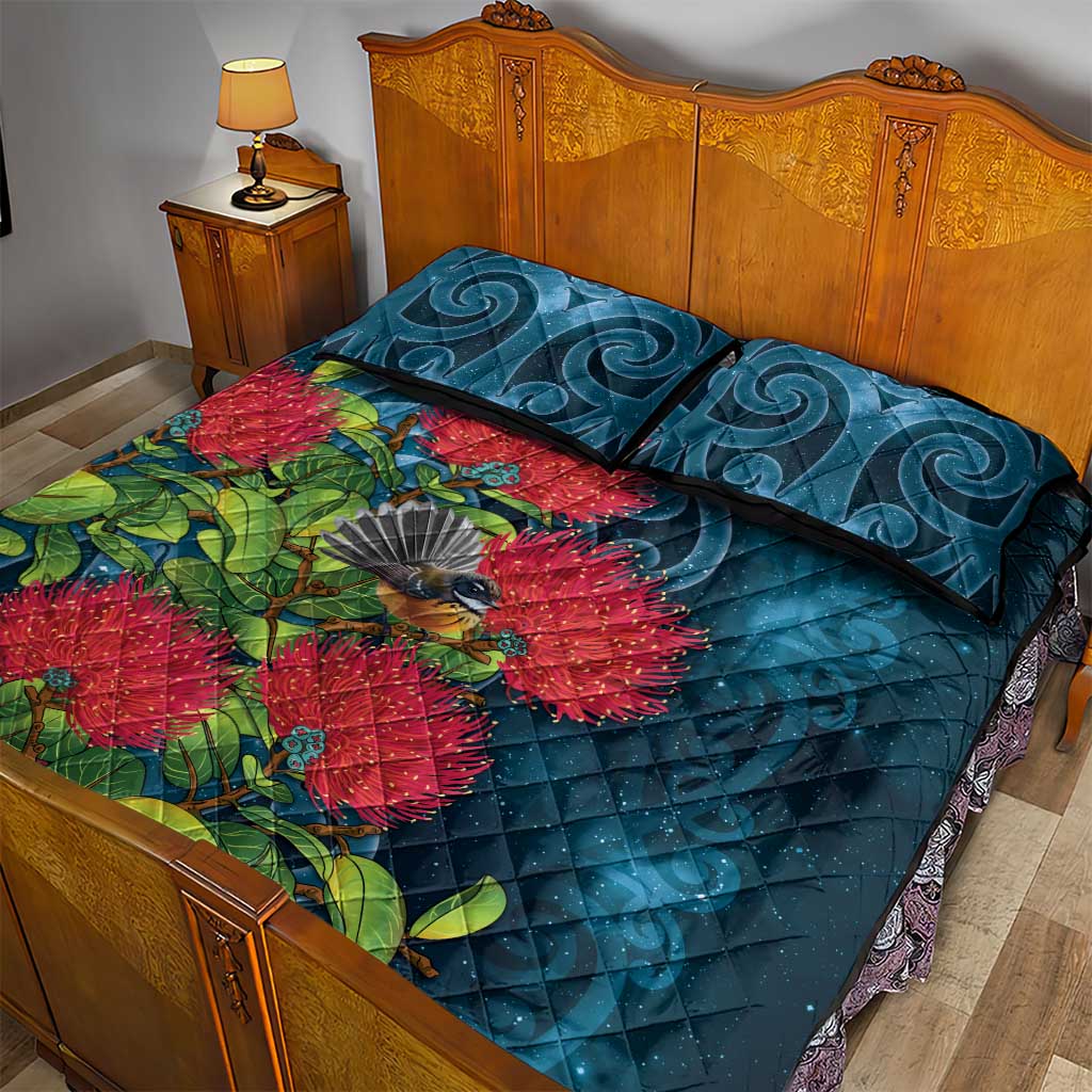 New Zealand Matariki Piwakawaka Quilt Bed Set Maori Koru With Pohutukawa Flowers