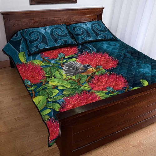 New Zealand Matariki Piwakawaka Quilt Bed Set Maori Koru With Pohutukawa Flowers