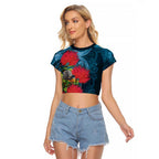 New Zealand Matariki Piwakawaka Raglan Cropped T Shirt Maori Koru With Pohutukawa Flowers