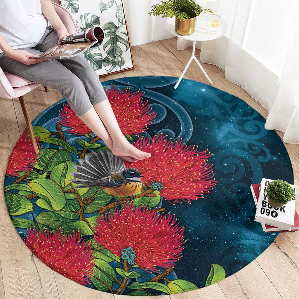 New Zealand Matariki Piwakawaka Round Carpet Maori Koru With Pohutukawa Flowers