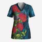 New Zealand Matariki Piwakawaka Scrub Top Maori Koru With Pohutukawa Flowers