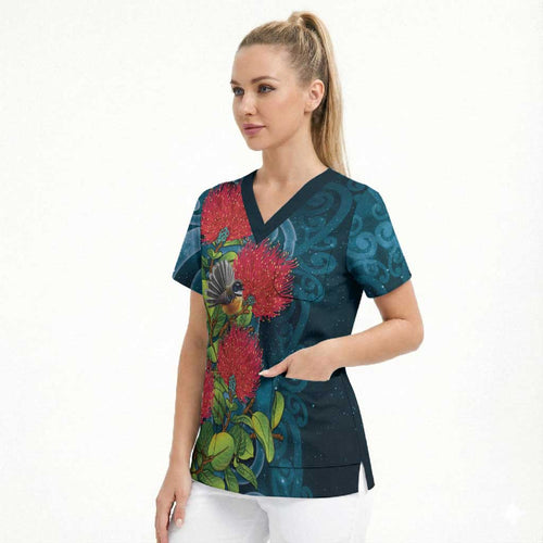 New Zealand Matariki Piwakawaka Scrub Top Maori Koru With Pohutukawa Flowers