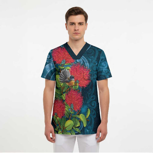 New Zealand Matariki Piwakawaka Scrub Top Maori Koru With Pohutukawa Flowers