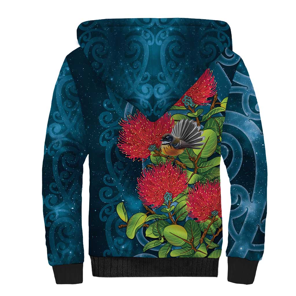 New Zealand Matariki Piwakawaka Sherpa Hoodie Maori Koru With Pohutukawa Flowers