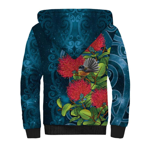 New Zealand Matariki Piwakawaka Sherpa Hoodie Maori Koru With Pohutukawa Flowers