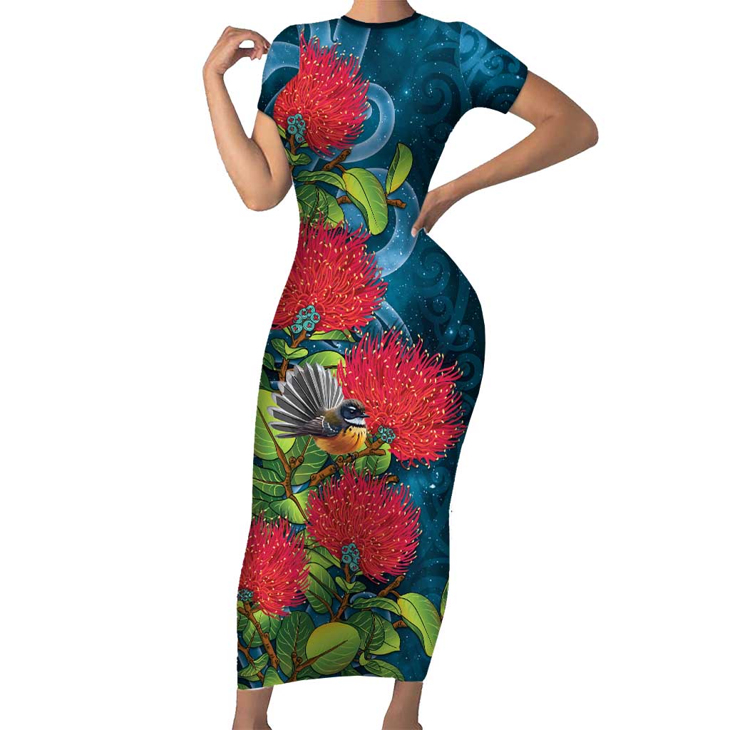 New Zealand Matariki Piwakawaka Short Sleeve Bodycon Dress Maori Koru With Pohutukawa Flowers