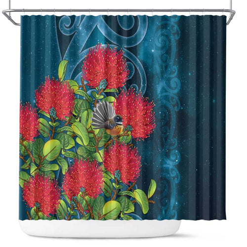 New Zealand Matariki Piwakawaka Shower Curtain Maori Koru With Pohutukawa Flowers