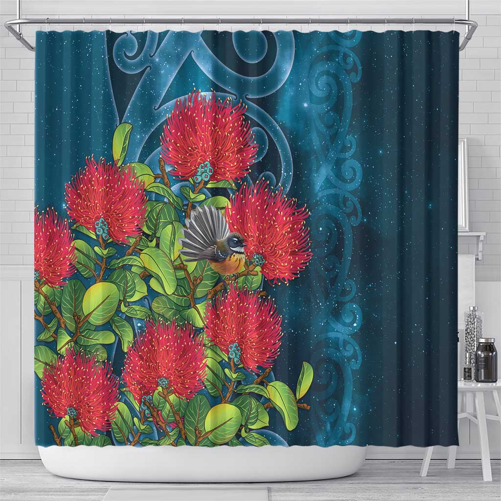 New Zealand Matariki Piwakawaka Shower Curtain Maori Koru With Pohutukawa Flowers