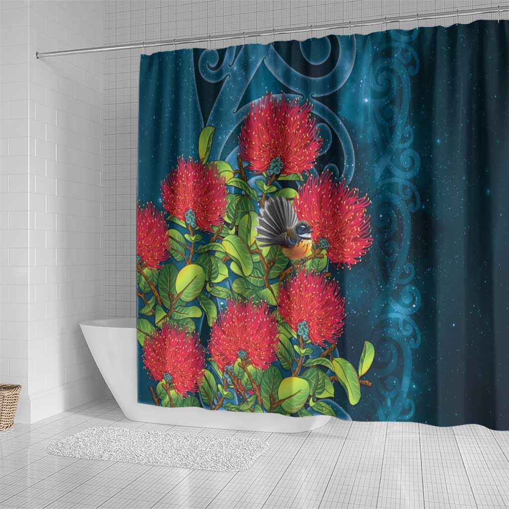 New Zealand Matariki Piwakawaka Shower Curtain Maori Koru With Pohutukawa Flowers