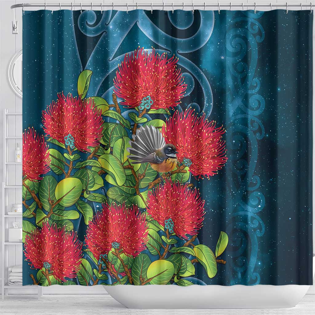 New Zealand Matariki Piwakawaka Shower Curtain Maori Koru With Pohutukawa Flowers