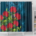 New Zealand Matariki Piwakawaka Shower Curtain Maori Koru With Pohutukawa Flowers