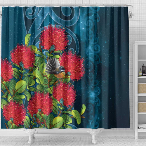 New Zealand Matariki Piwakawaka Shower Curtain Maori Koru With Pohutukawa Flowers