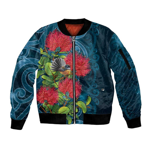 New Zealand Matariki Piwakawaka Sleeve Zip Bomber Jacket Maori Koru With Pohutukawa Flowers