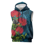 New Zealand Matariki Piwakawaka Sleeveless Hoodie Maori Koru With Pohutukawa Flowers