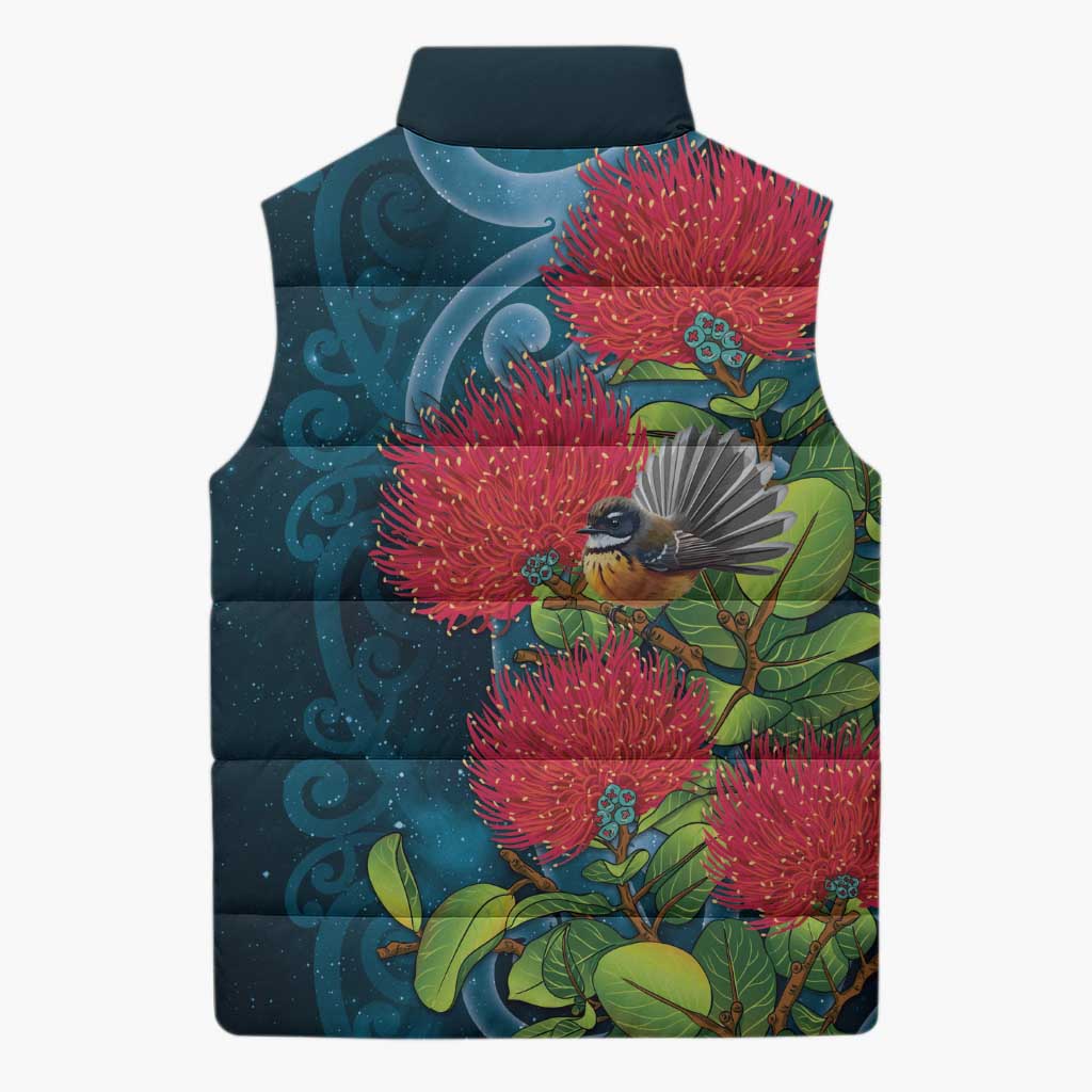 New Zealand Matariki Piwakawaka Sleeveless Puffer Jacket Maori Koru With Pohutukawa Flowers
