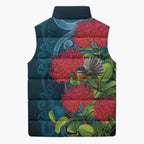New Zealand Matariki Piwakawaka Sleeveless Puffer Jacket Maori Koru With Pohutukawa Flowers