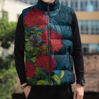 New Zealand Matariki Piwakawaka Sleeveless Puffer Jacket Maori Koru With Pohutukawa Flowers