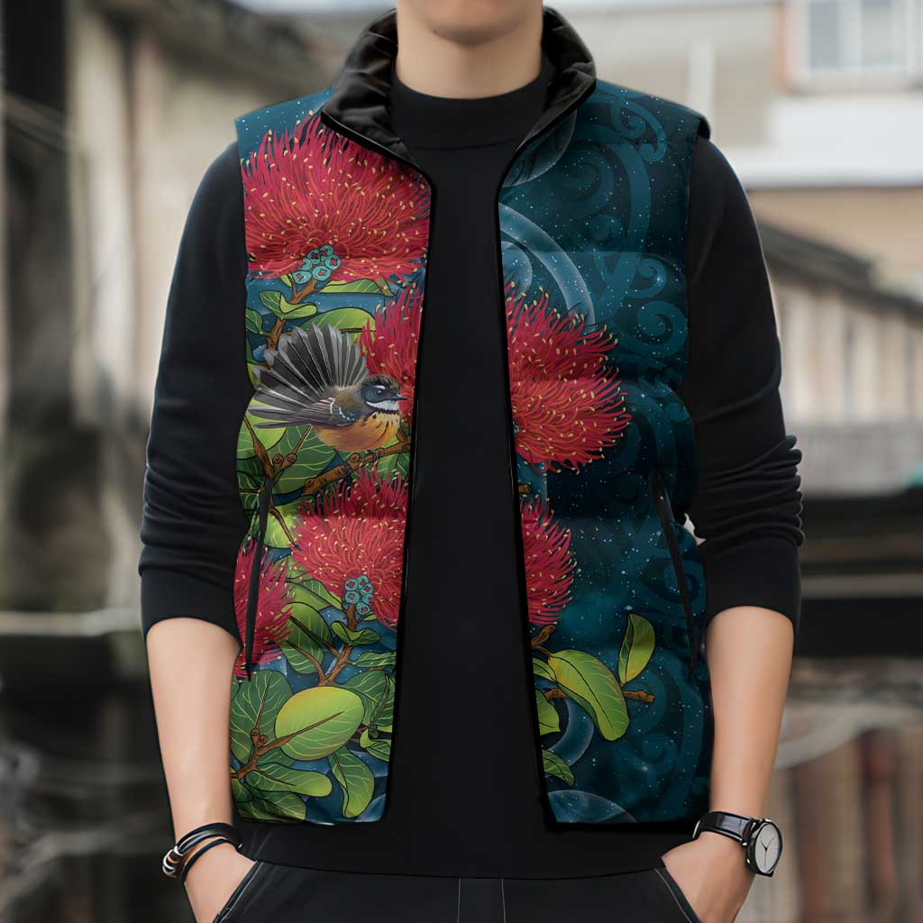 New Zealand Matariki Piwakawaka Sleeveless Puffer Jacket Maori Koru With Pohutukawa Flowers