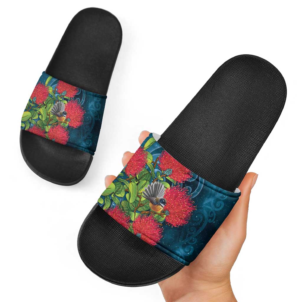 New Zealand Matariki Piwakawaka Slide Sandals Maori Koru With Pohutukawa Flowers