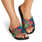 New Zealand Matariki Piwakawaka Slide Sandals Maori Koru With Pohutukawa Flowers
