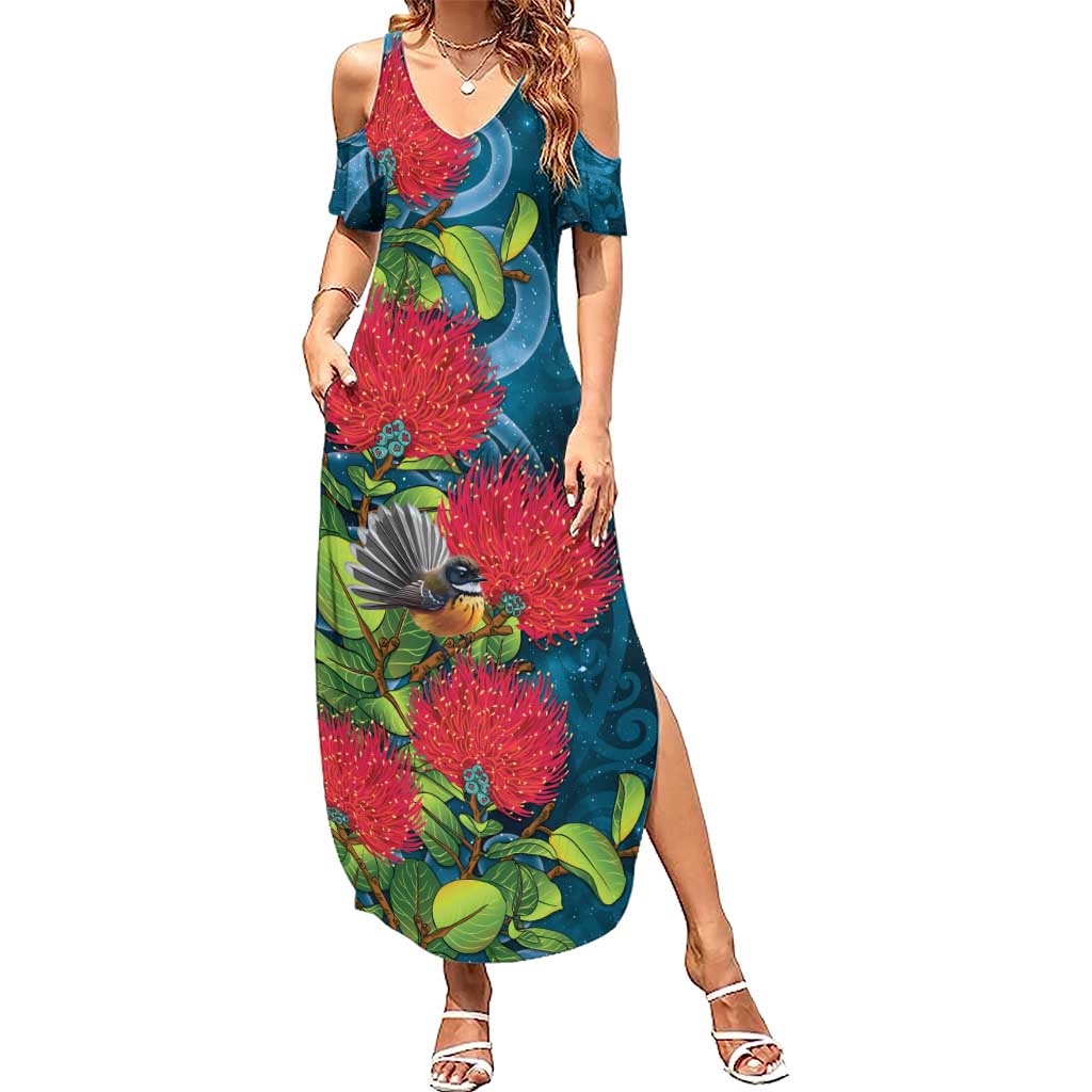 New Zealand Matariki Piwakawaka Summer Maxi Dress Maori Koru With Pohutukawa Flowers
