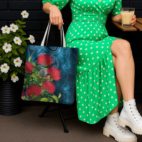 New Zealand Matariki Piwakawaka Tote Bag Maori Koru With Pohutukawa Flowers