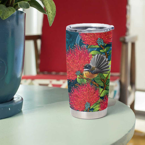 New Zealand Matariki Piwakawaka Tumbler Cup Maori Koru With Pohutukawa Flowers