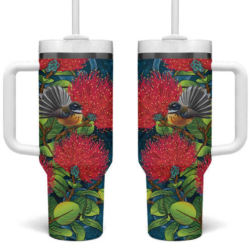New Zealand Matariki Piwakawaka Tumbler With Handle Maori Koru With Pohutukawa Flowers