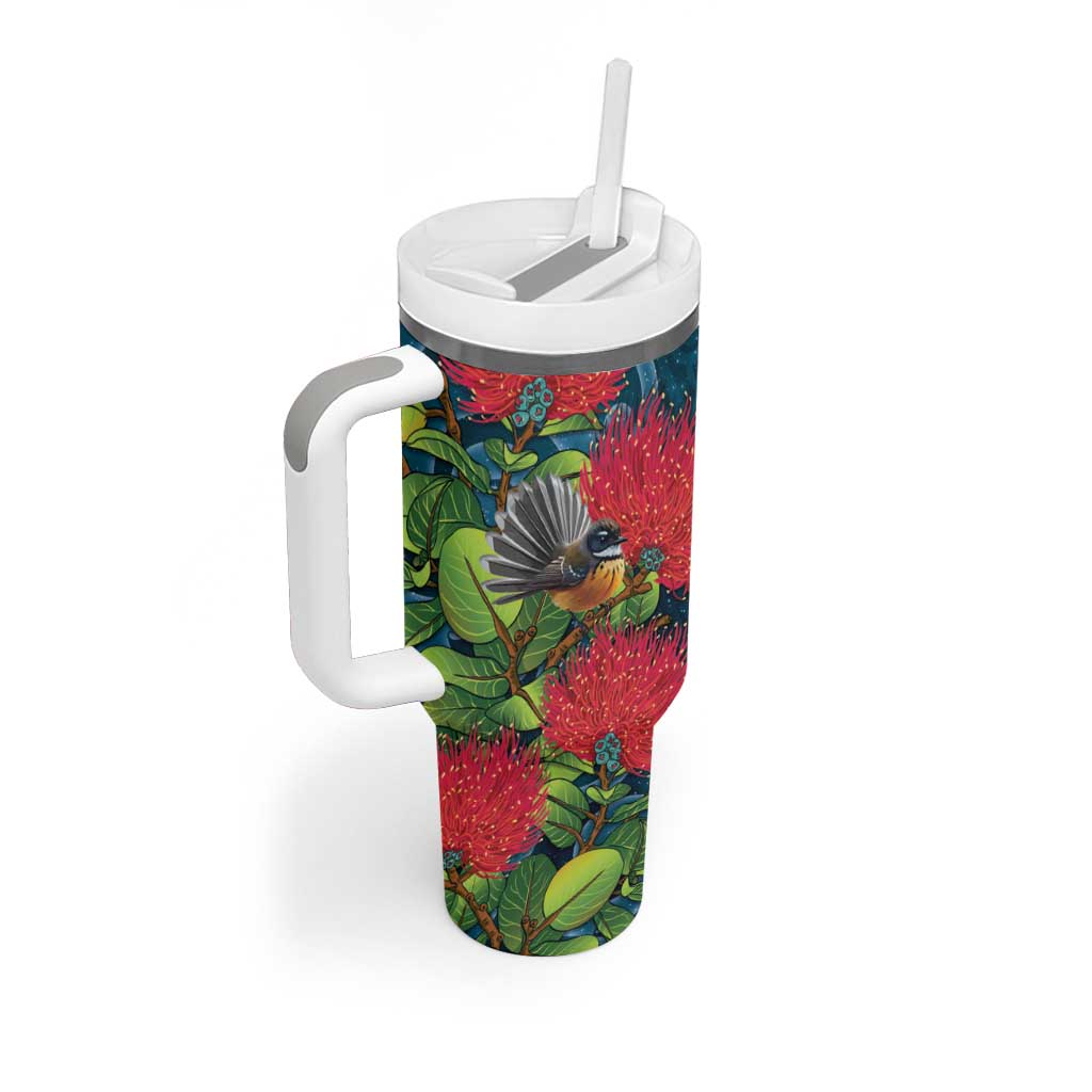 New Zealand Matariki Piwakawaka Tumbler With Handle Maori Koru With Pohutukawa Flowers