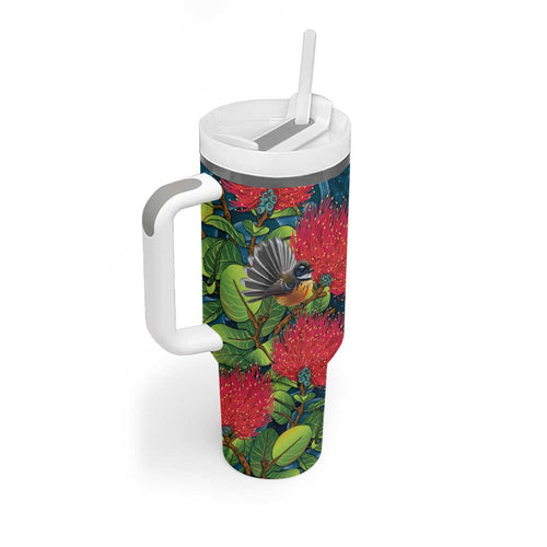 New Zealand Matariki Piwakawaka Tumbler With Handle Maori Koru With Pohutukawa Flowers