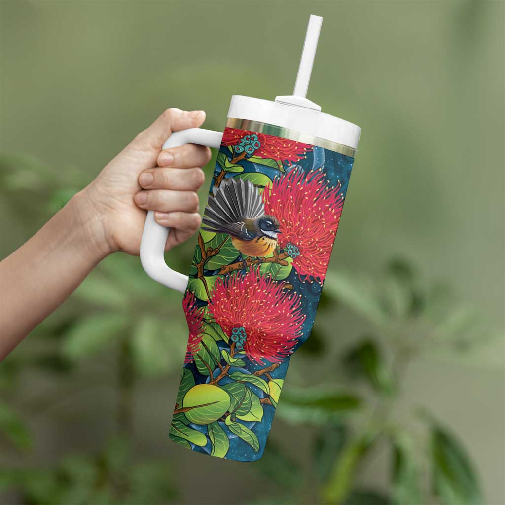 New Zealand Matariki Piwakawaka Tumbler With Handle Maori Koru With Pohutukawa Flowers