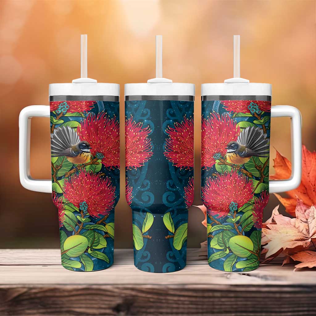 New Zealand Matariki Piwakawaka Tumbler With Handle Maori Koru With Pohutukawa Flowers