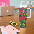 New Zealand Matariki Piwakawaka Tumbler With Handle Maori Koru With Pohutukawa Flowers