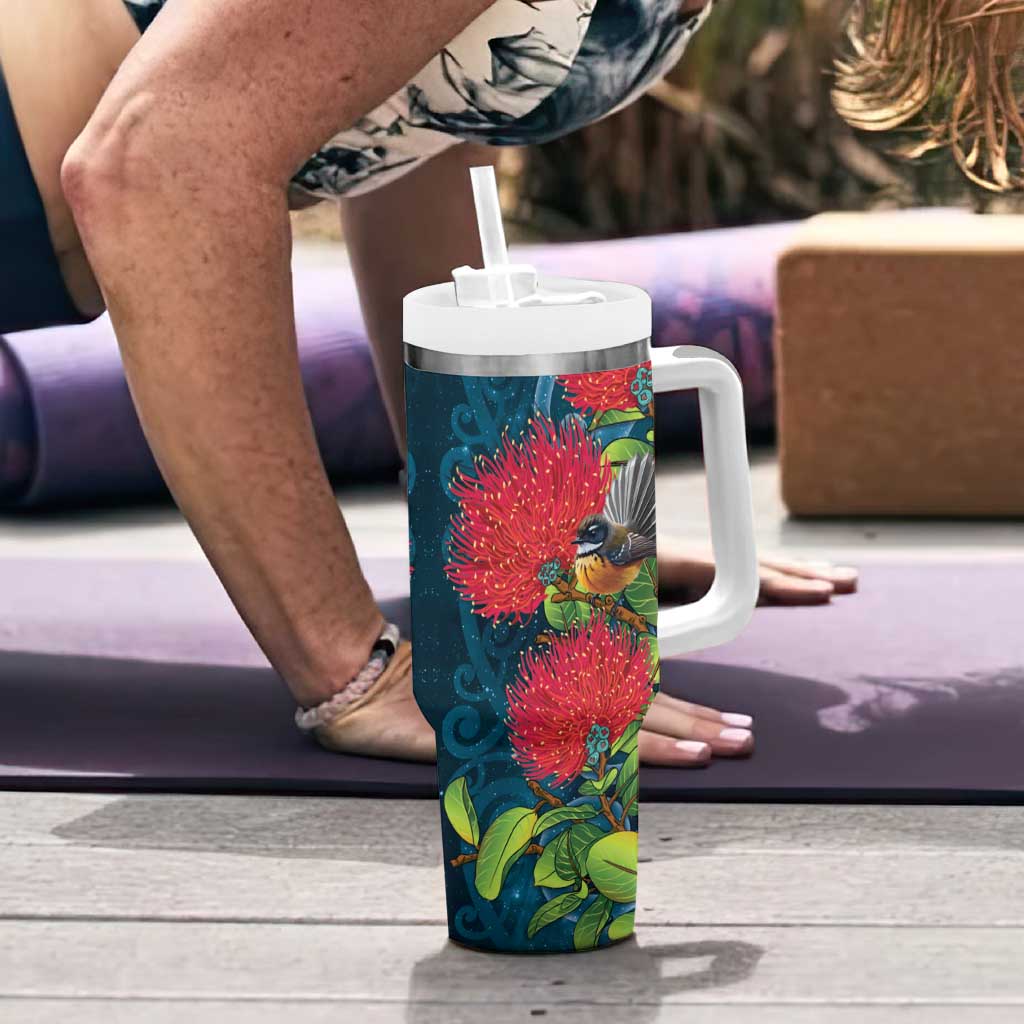 New Zealand Matariki Piwakawaka Tumbler With Handle Maori Koru With Pohutukawa Flowers