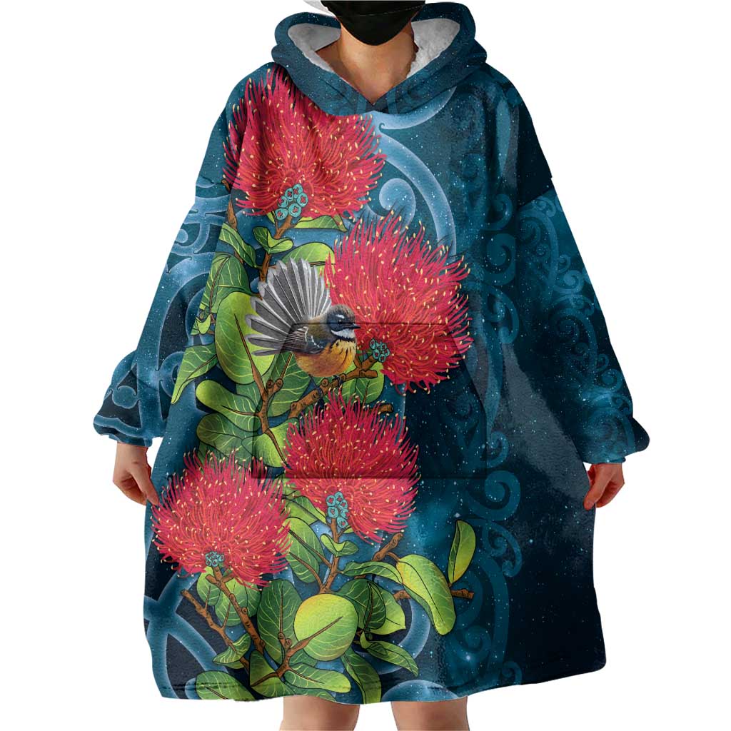 New Zealand Matariki Piwakawaka Wearable Blanket Hoodie Maori Koru With Pohutukawa Flowers