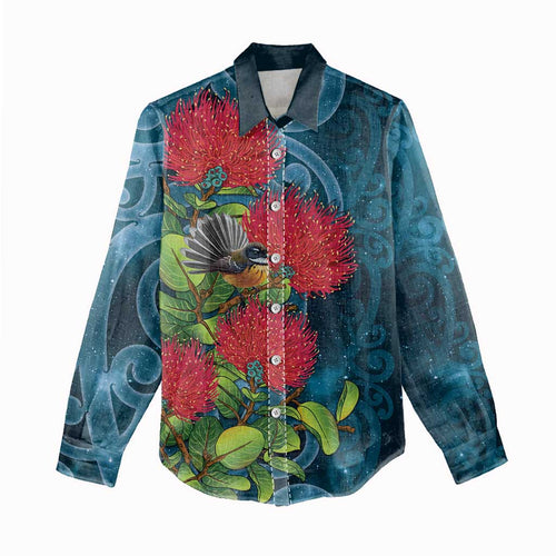 New Zealand Matariki Piwakawaka Women Casual Shirt Maori Koru With Pohutukawa Flowers