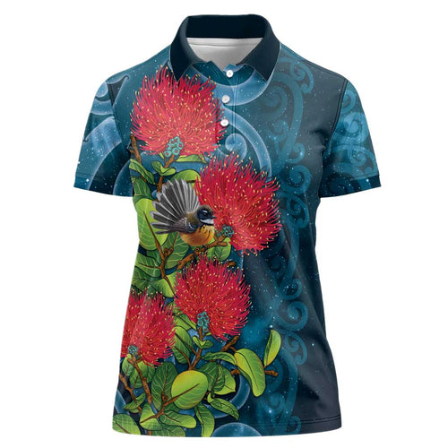 New Zealand Matariki Piwakawaka Women Polo Shirt Maori Koru With Pohutukawa Flowers