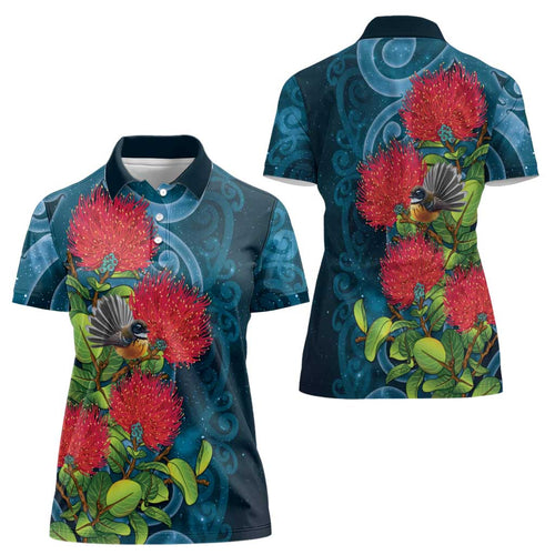 New Zealand Matariki Piwakawaka Women Polo Shirt Maori Koru With Pohutukawa Flowers