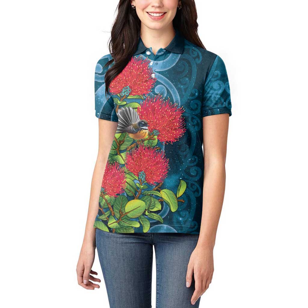 New Zealand Matariki Piwakawaka Women Polo Shirt Maori Koru With Pohutukawa Flowers