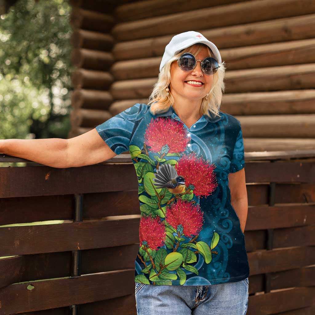 New Zealand Matariki Piwakawaka Women Polo Shirt Maori Koru With Pohutukawa Flowers