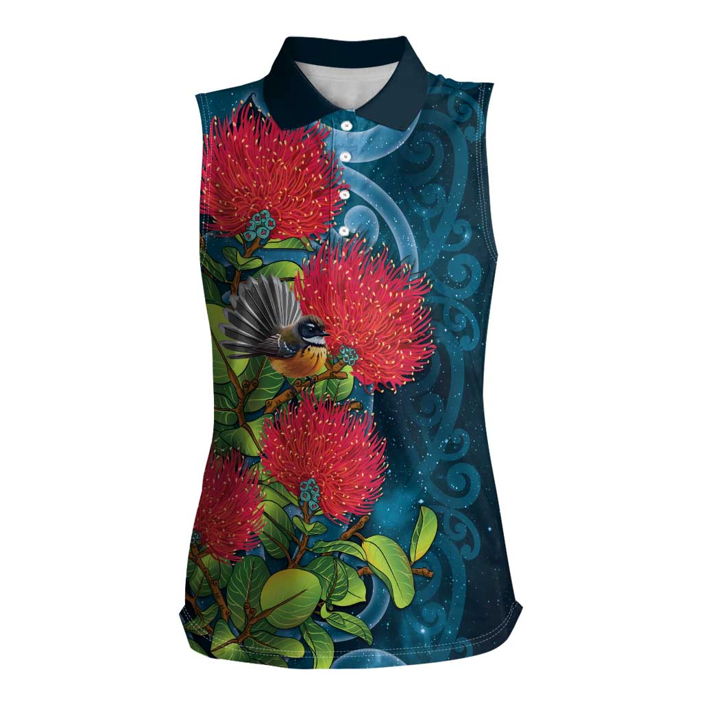New Zealand Matariki Piwakawaka Women Sleeveless Polo Shirt Maori Koru With Pohutukawa Flowers